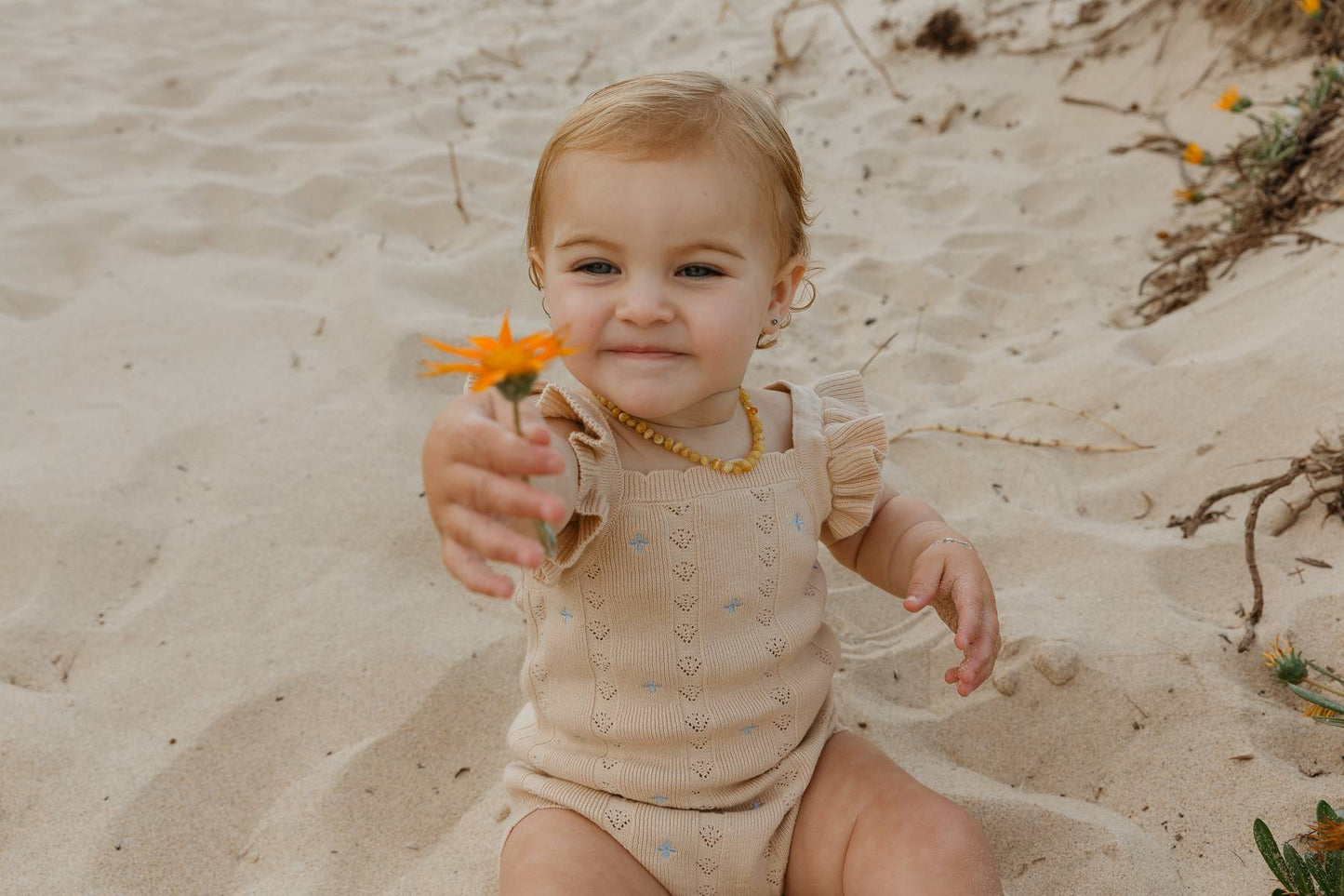 Sienna Ruffle Knit Pointelle Romper | Coastal Beige | WYLDE.