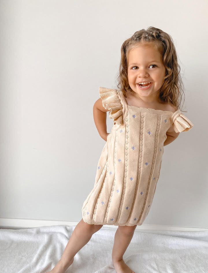 NEW Della Ruffle Knit Pointelle Dress | Coastal Beige | WYLDE.