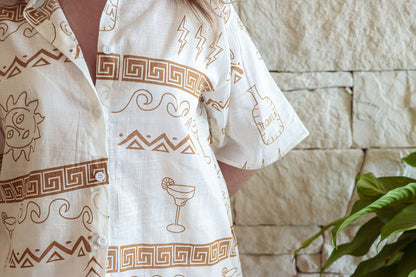 Greek Tequila Button Up Shirt and Shorts Set- White/ Tan- Women’s  | By Frankie