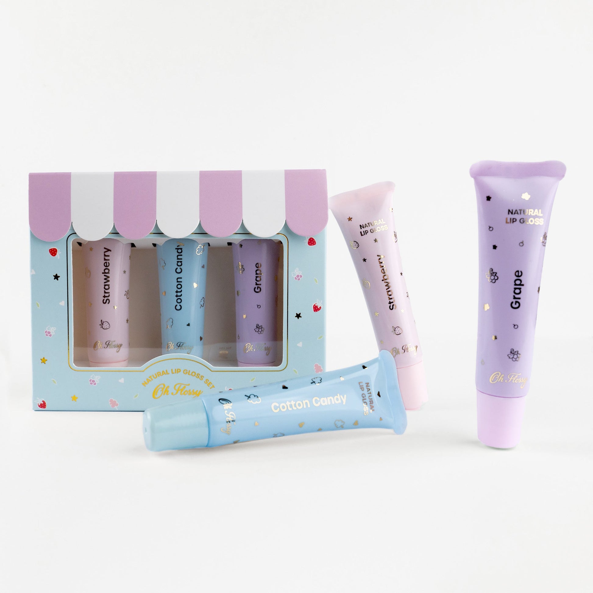 Oh-Flossy-Kids-Natural-Makeup-Lip-gloss-set-strawberry-grape-cotton-candy