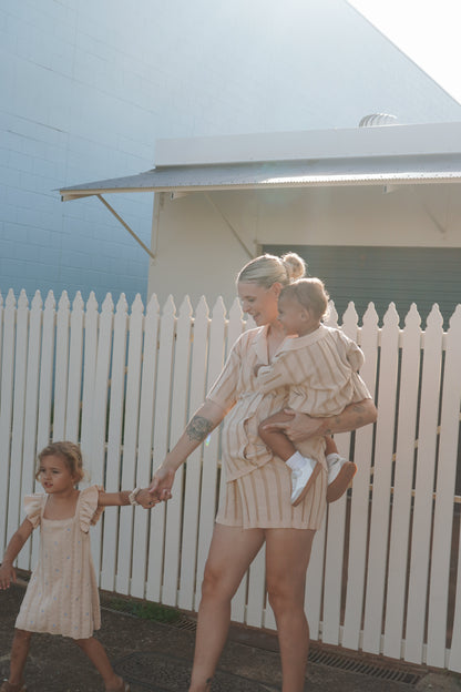 Della Ruffle Knit Pointelle Dress | Coastal Beige | WYLDE.