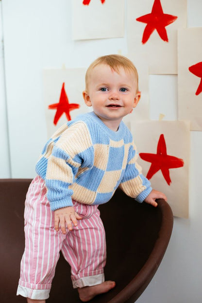 Sunday Knit Jumper - Baby Blue Check | Sunday Siblings