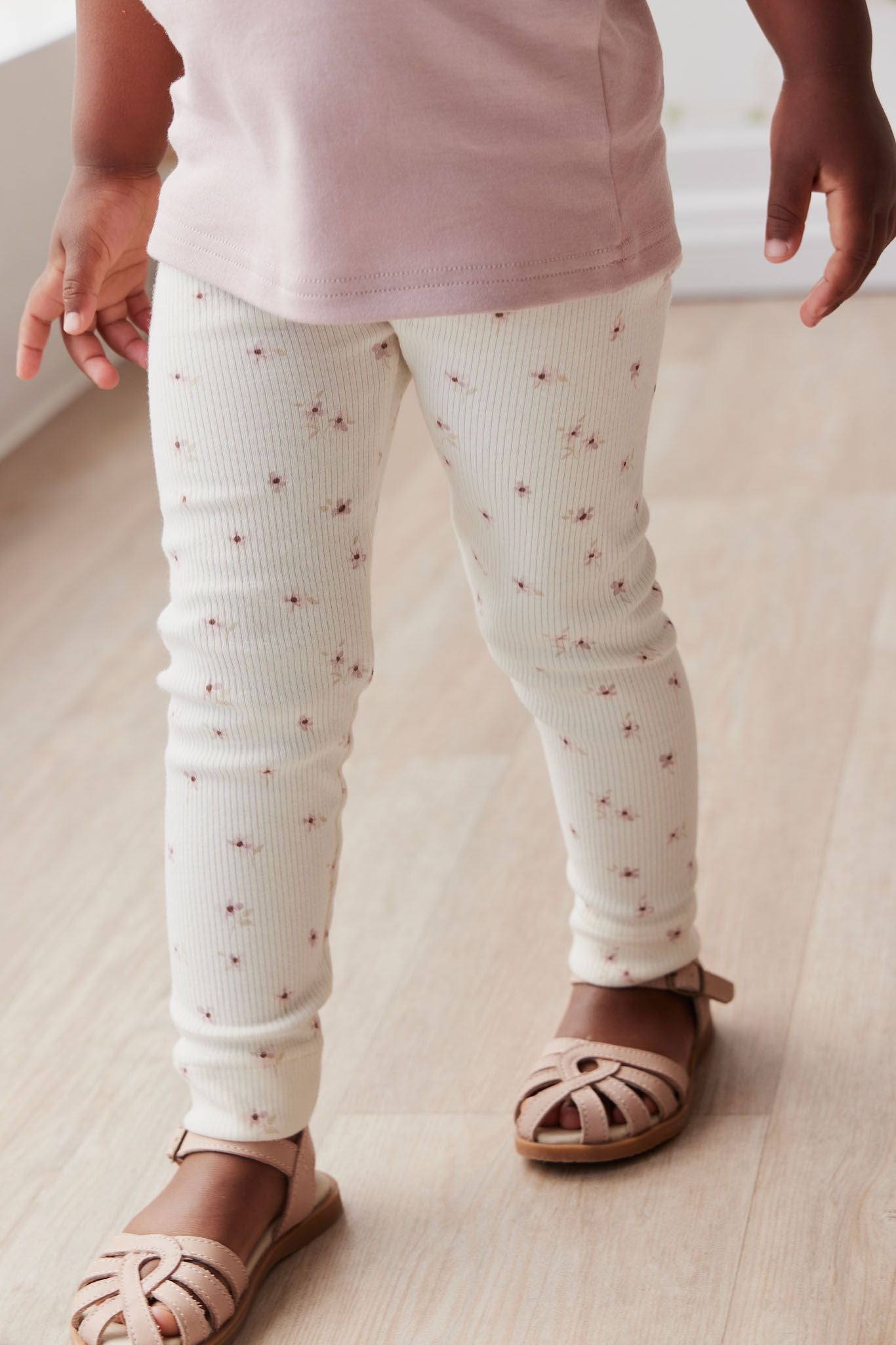 Organic Cotton Fine Rib Legging - Simple Flowers Egret | Jamie Kay